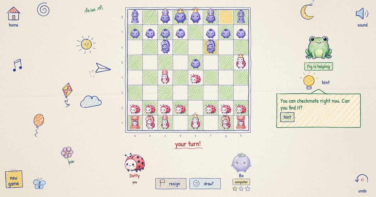 A hand-drawn chessboard with ladybird and blueberry pieces, and Fig the frog beside it