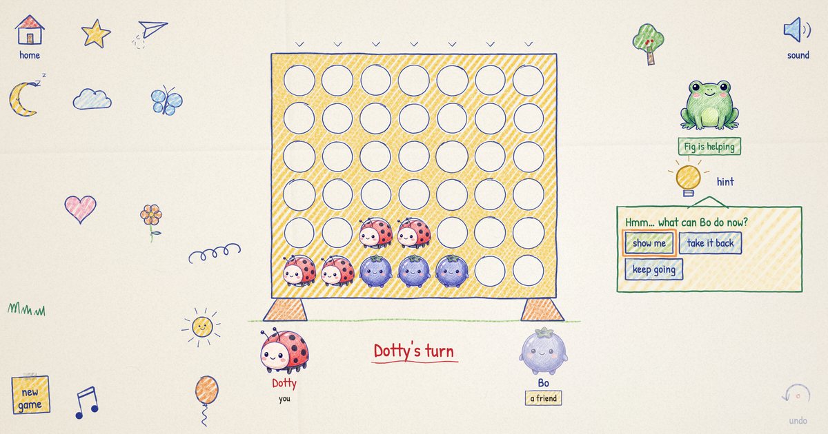 A hand-drawn yellow four-in-a-row frame with ladybird and blueberry counters