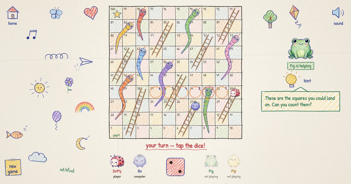 A hand-drawn snakes and ladders board with friendly snakes and pencil ladders