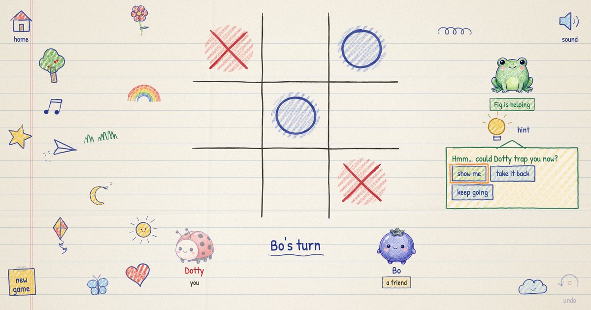 A hand-drawn tic-tac-toe grid with red crosses and blue noughts